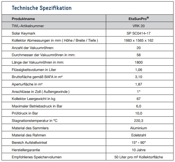 EtaSunPro Vakuumrhrenkollektor VRK20